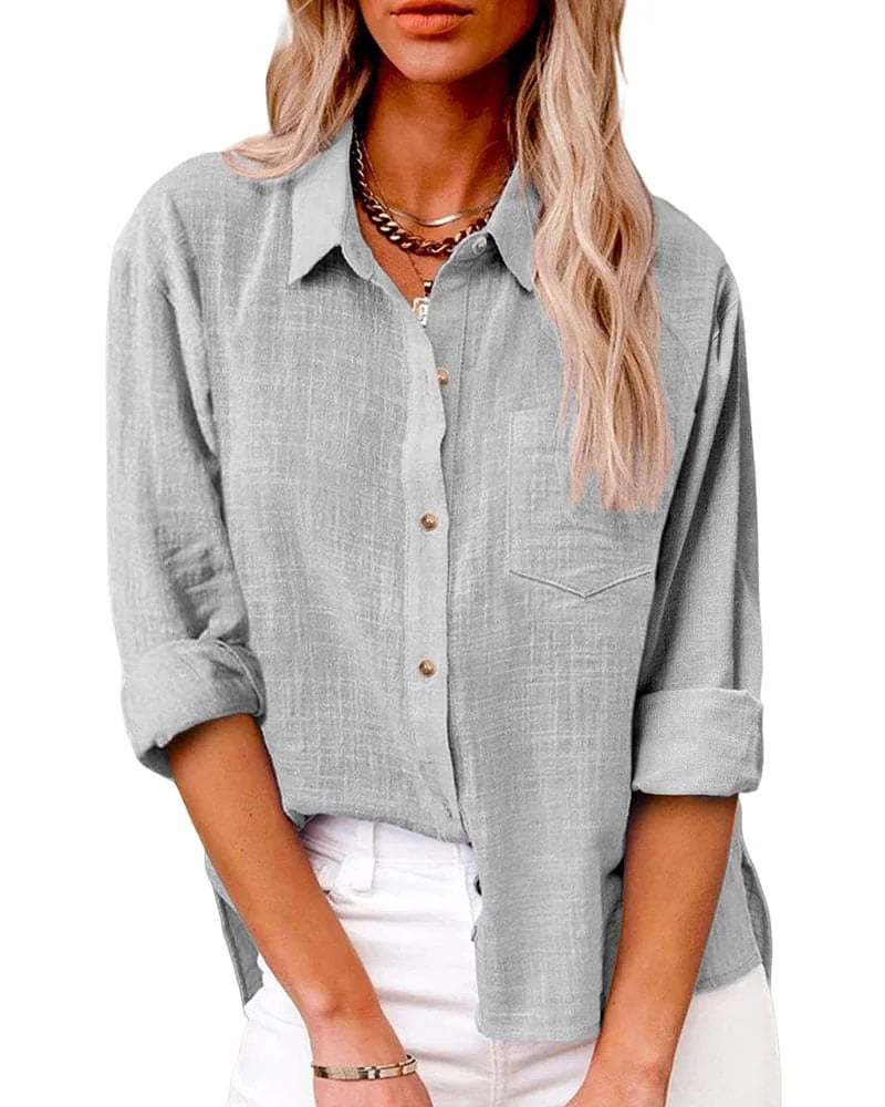 Grijs Women's Oversized Button Down Shirt — Blakely Relaxed Fit Cotton - Studio Shot