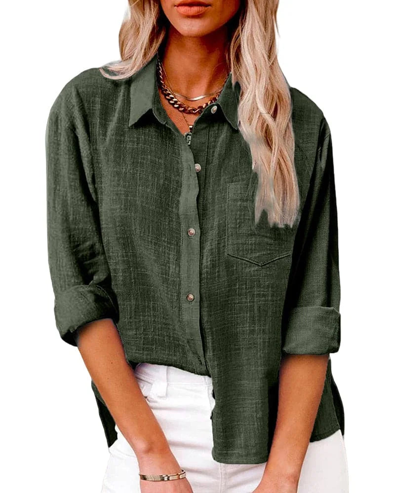 Militair Women's Oversized Button Down Shirt — Blakely Relaxed Fit Cotton - Groen Relaxed Pose