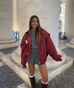 Wine Red Women's Oversized Quilted Bomber Jacket in Faux Leather with Contrast Stitching