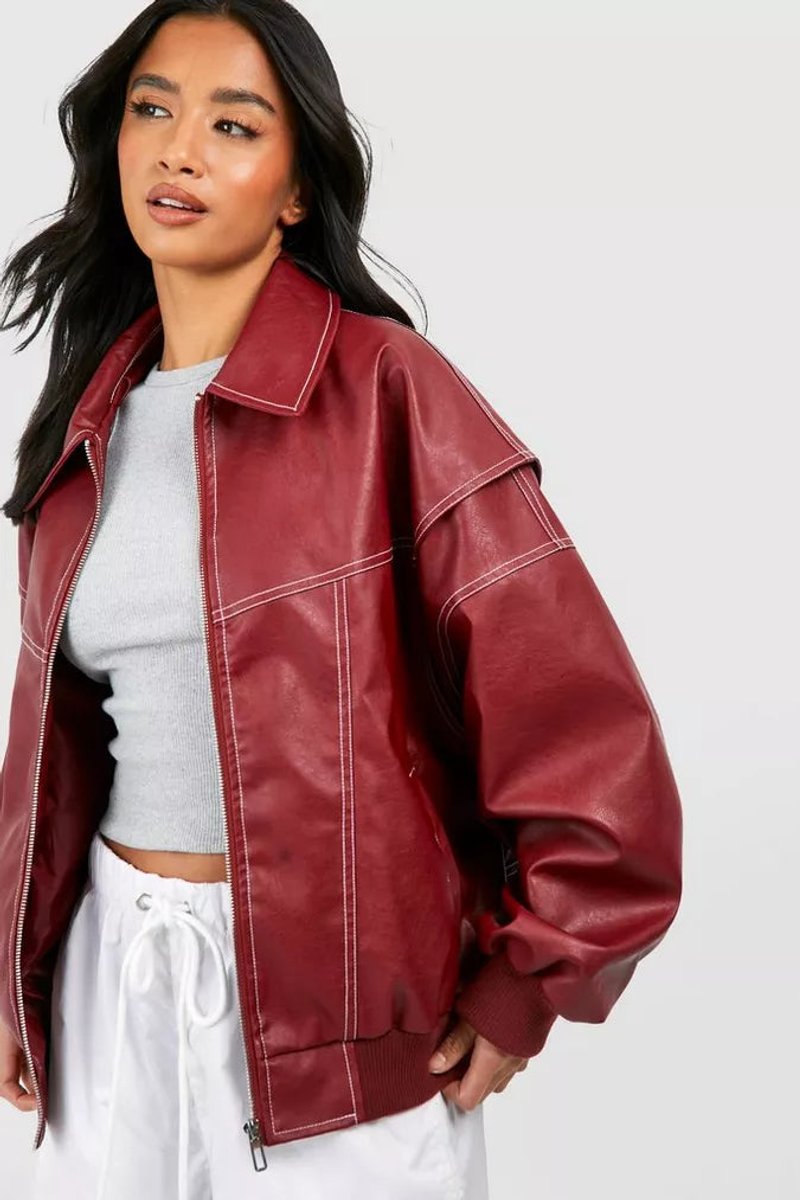 Women's Oversized Quilted Bomber Jacket in Faux Leather with Contrast Stitching — Sienna