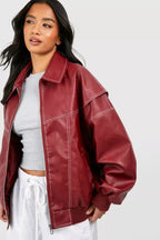 Women's Oversized Quilted Bomber Jacket in Faux Leather with Contrast Stitching — Sienna