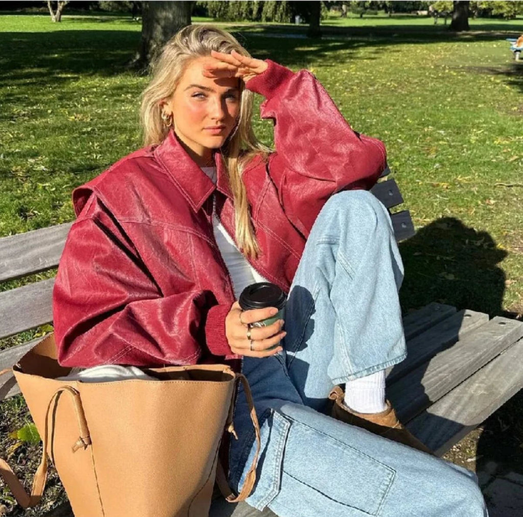 Women's Oversized Quilted Bomber Jacket in Faux Leather with Contrast Stitching — Sienna