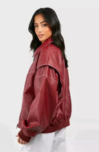 Women's Oversized Quilted Bomber Jacket in Faux Leather with Contrast Stitching — Sienna