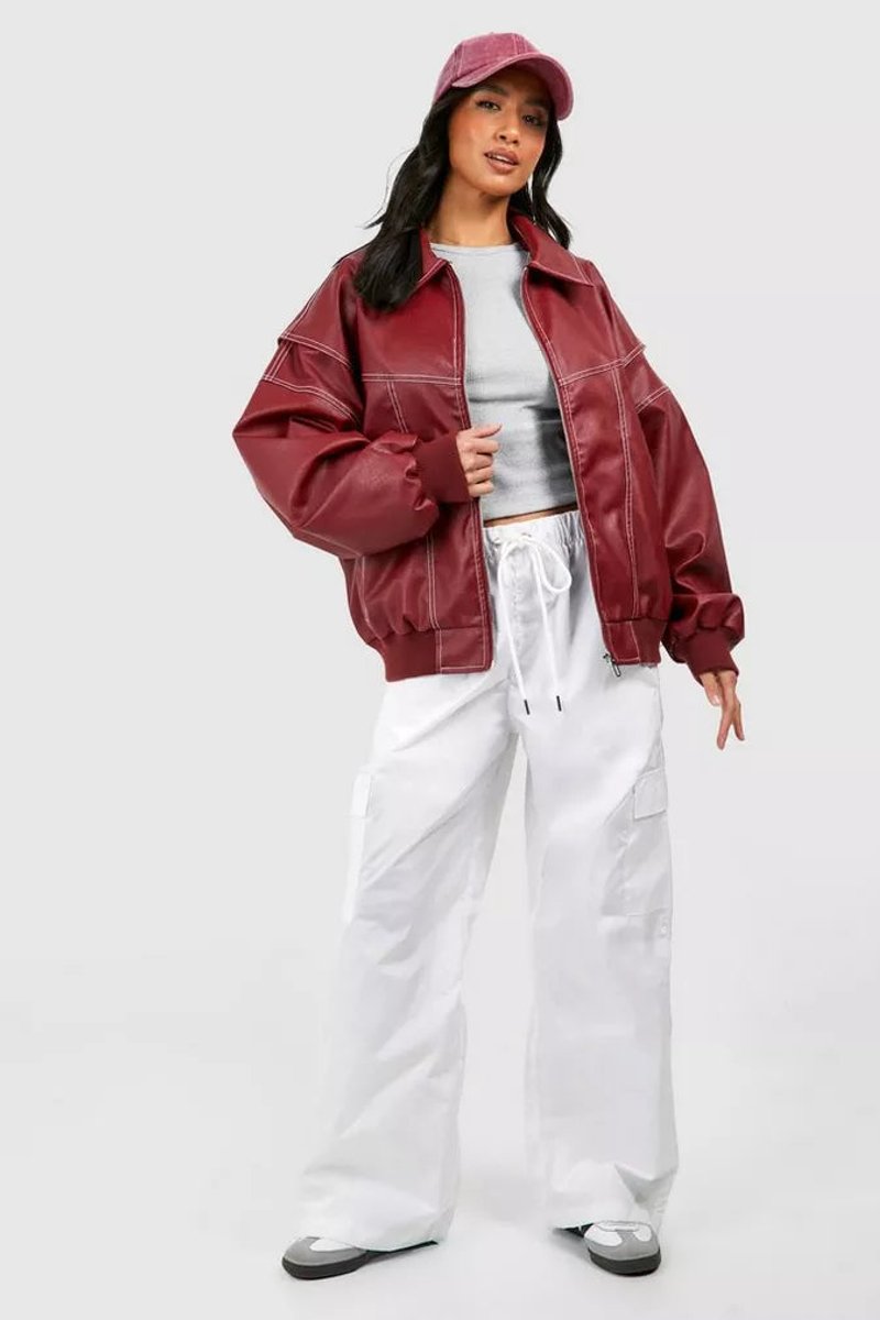 Women's Oversized Quilted Bomber Jacket in Faux Leather with Contrast Stitching — Sienna