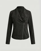 Women's Tailored Suede Asymmetric Zip Biker Jacket with Statement Collar — Sophia