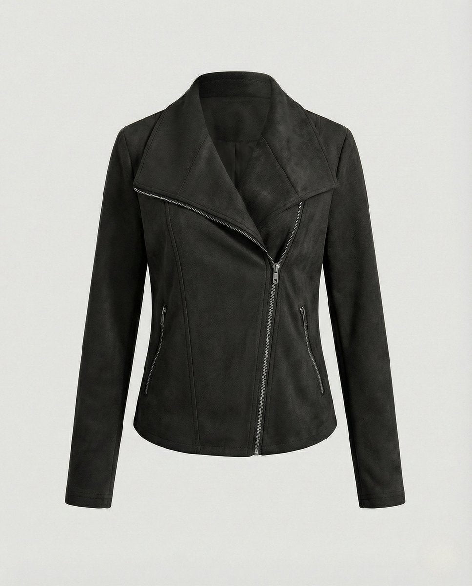 Women's Tailored Suede Asymmetric Zip Biker Jacket with Statement Collar — Sophia