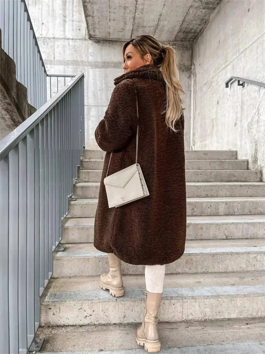 Dark Brown Women's Coat with Soft-Touch Feel & Slim Long Silhouette - Back Detail Bag