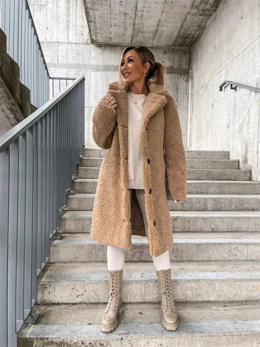 Women's Coat with Soft-Touch Feel & Slim Long Silhouette - Front Full Stairs