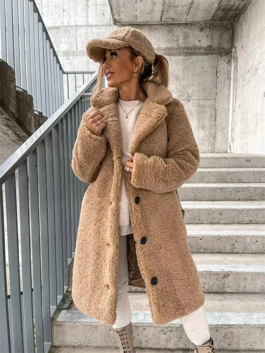 Light Brown Women's Coat with Soft-Touch Feel & Slim Long Silhouette - Front Pose With Hat