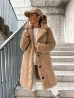 Light Brown Women's Coat with Soft-Touch Feel & Slim Long Silhouette - Front Pose With Hat