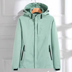 Green Women's Waterproof Rain Jacket — Hermione Detachable Hood Adjustable Fit - Front Full Hanging