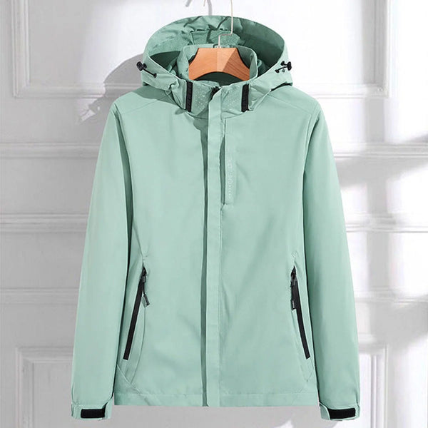 Green Women's Waterproof Rain Jacket — Hermione Detachable Hood Adjustable Fit - Front Full Hanging
