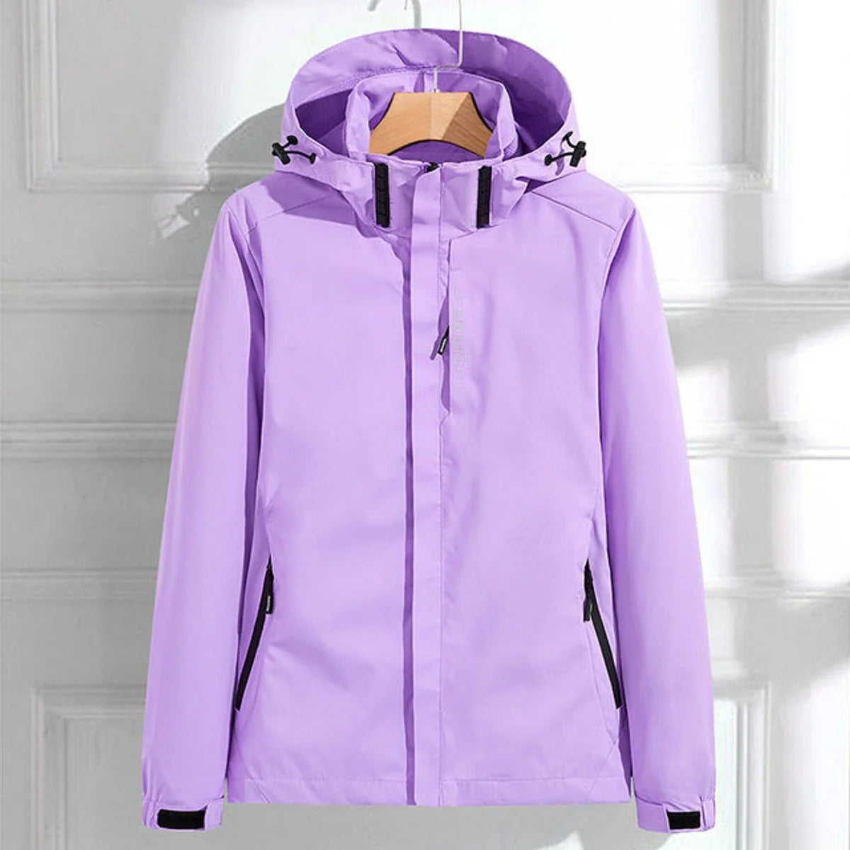 Purple Women's Waterproof Rain Jacket — Hermione Detachable Hood Adjustable Fit - Front Full Doorway