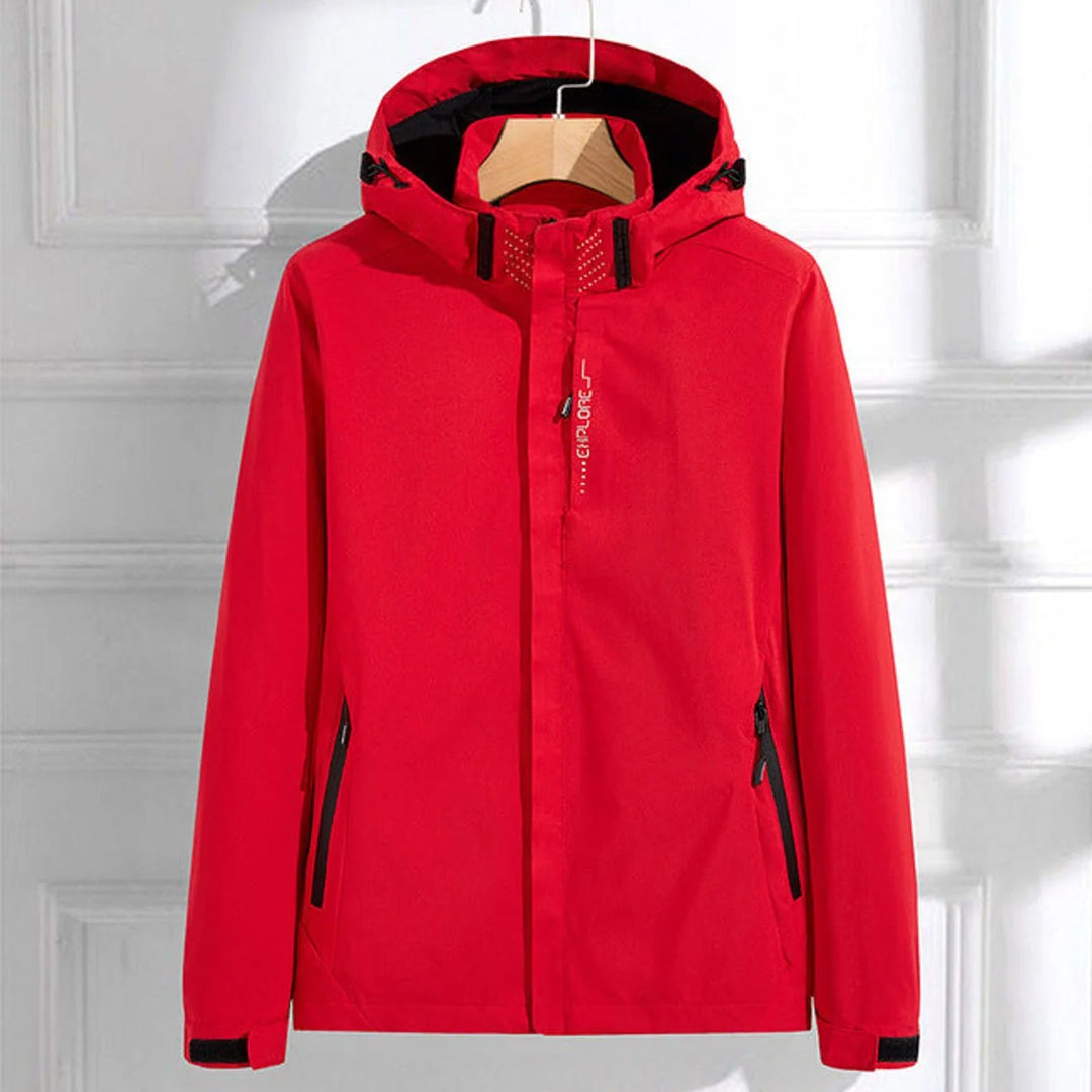 Red Women's Waterproof Rain Jacket — Hermione Detachable Hood Adjustable Fit - Front Full Studio