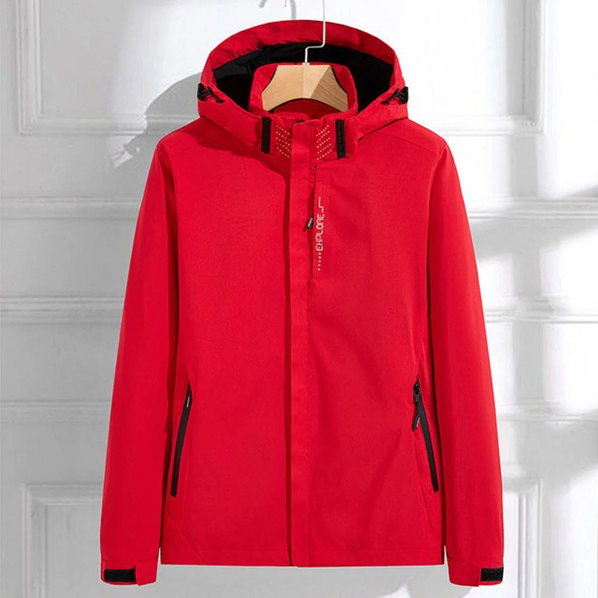 Red Women's Waterproof Rain Jacket — Hermione Detachable Hood Adjustable Fit - Front Full Studio