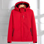 Red Women's Waterproof Rain Jacket — Hermione Detachable Hood Adjustable Fit - Front Full Studio