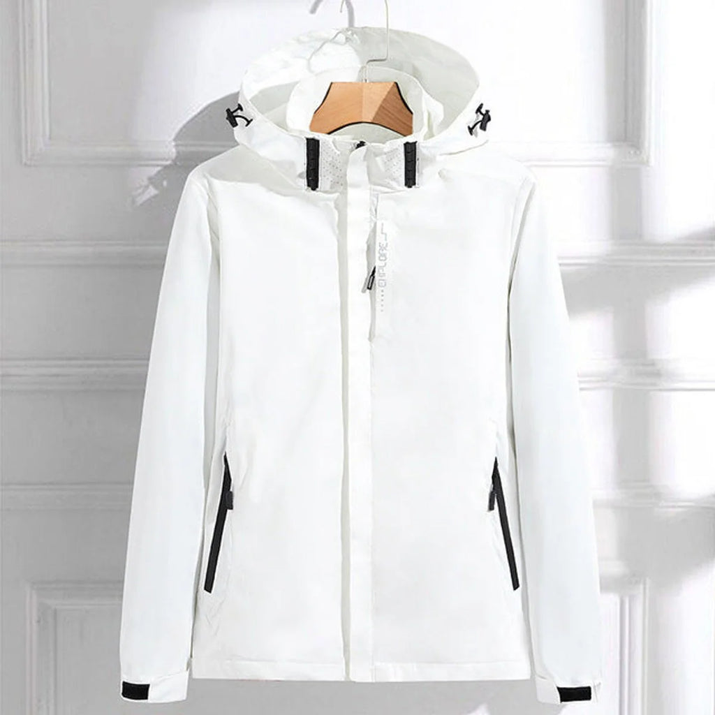 White Women's Waterproof Rain Jacket — Hermione Detachable Hood Adjustable Fit - Front Full Daylight