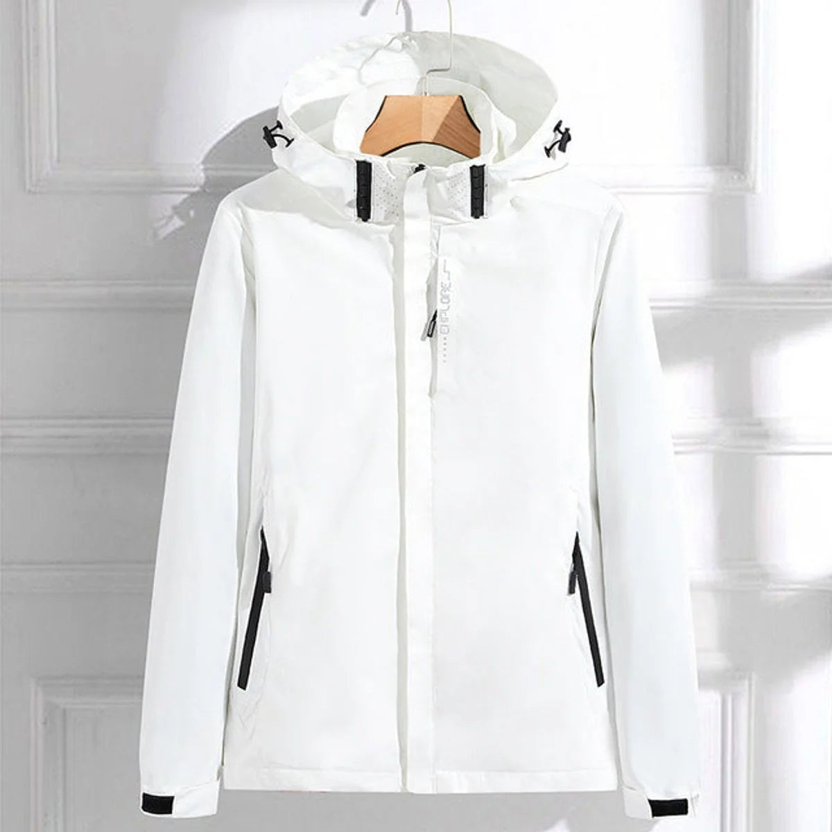 White Women's Waterproof Rain Jacket — Hermione Detachable Hood Adjustable Fit - Front Full Daylight