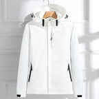 White Women's Waterproof Rain Jacket — Hermione Detachable Hood Adjustable Fit - Front Full Daylight