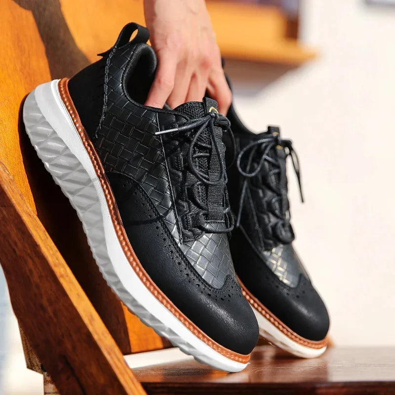 Black Men's Casual Woven Leather Sneaker — Lillian Lace-Up Wingtip Brogue - Lifestyle Chair Hold