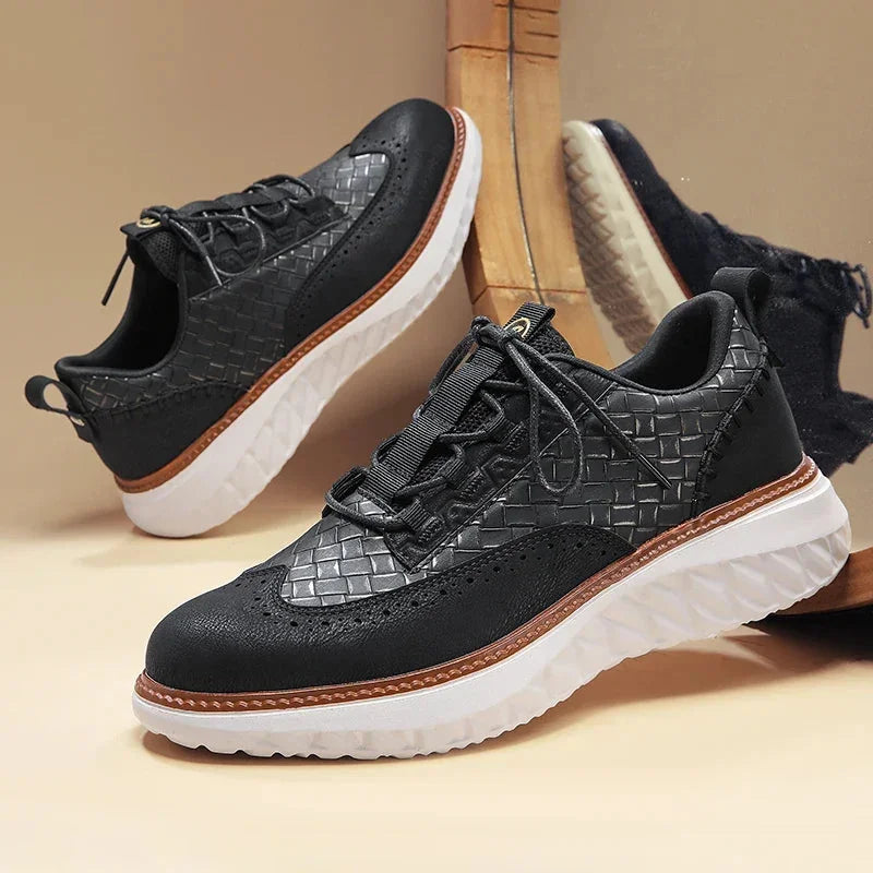 Black Men's Casual Woven Leather Sneaker — Lillian Lace-Up Wingtip Brogue - Pair Display Mirror