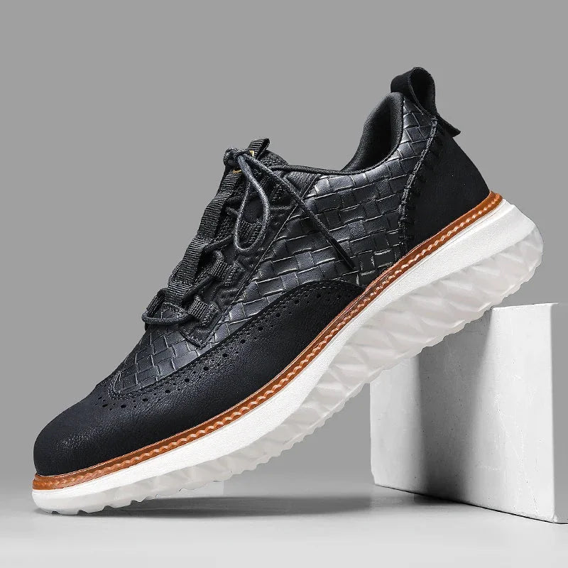 Black Men's Casual Woven Leather Sneaker — Lillian Lace-Up Wingtip Brogue - Studio Angle Block