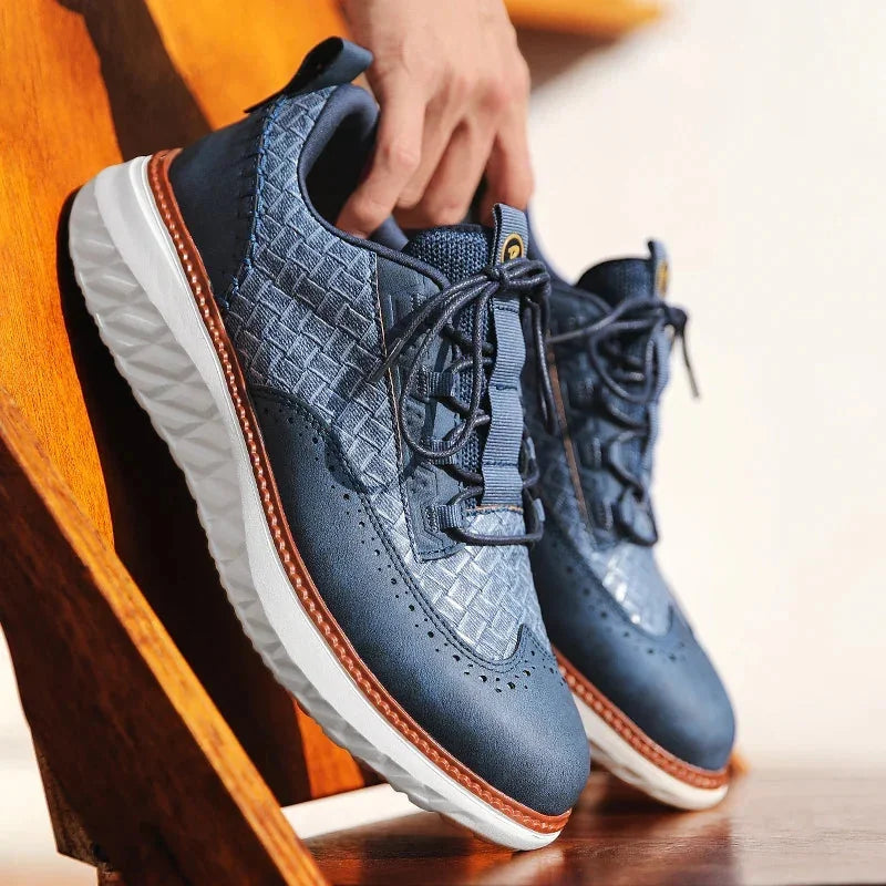 Blue Men's Casual Woven Leather Sneaker — Lillian Lace-Up Wingtip Brogue - Lifestyle Hand Hold