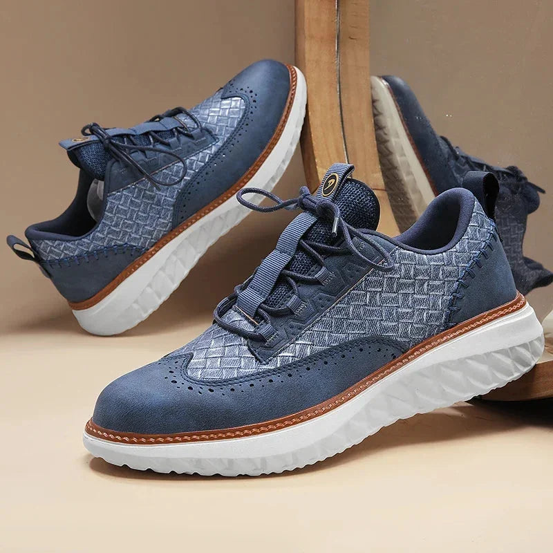 Blue Men's Casual Woven Leather Sneaker — Lillian Lace-Up Wingtip Brogue - Pair Display Close