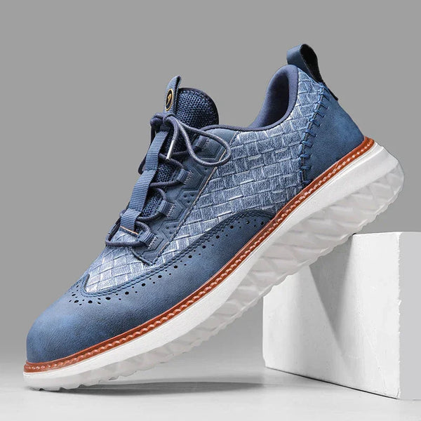 Blue Men's Casual Woven Leather Sneaker — Lillian Lace-Up Wingtip Brogue - Studio Side Elevated