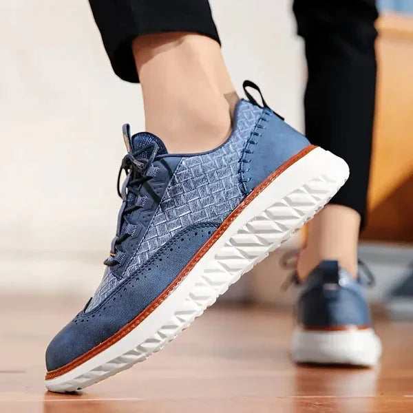 Blue Men's Casual Woven Leather Sneaker — Lillian Lace-Up Wingtip Brogue - Worn Walking Side