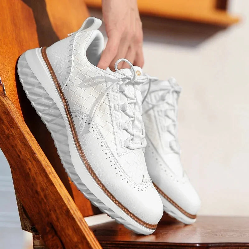 White Men's Casual Woven Leather Sneaker — Lillian Lace-Up Wingtip Brogue - Lifestyle Wood Hold