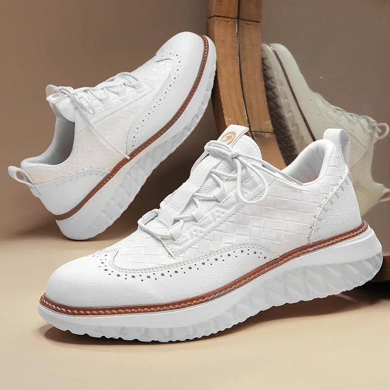 White Men's Casual Woven Leather Sneaker — Lillian Lace-Up Wingtip Brogue - Pair Display Reflection
