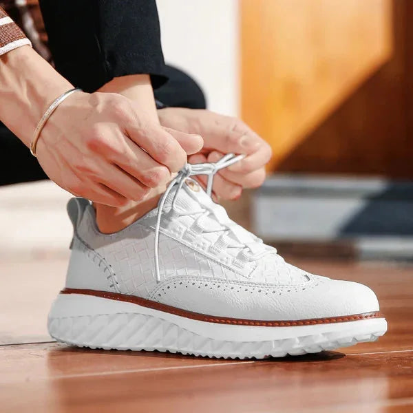 White Men's Casual Woven Leather Sneaker — Lillian Lace-Up Wingtip Brogue - Tying Laces Detail