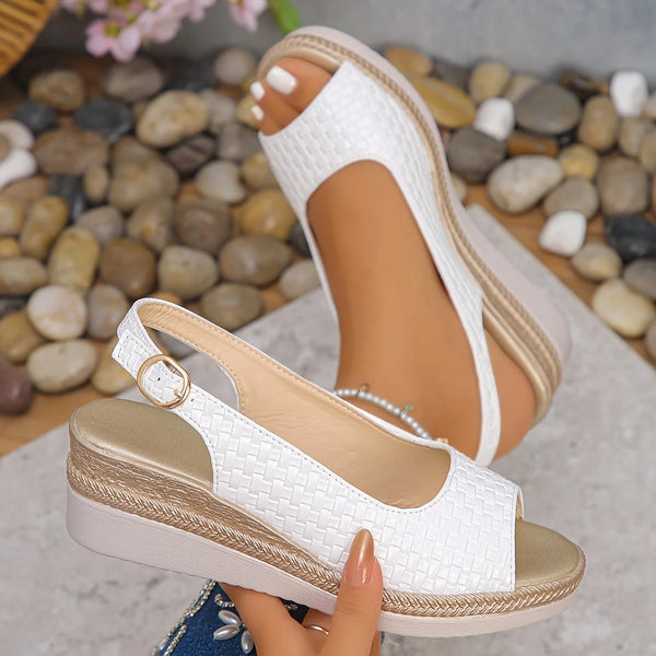 White Women's Woven Slingback Wedge Sandals — Cherie Platform Espadrille - Front Full