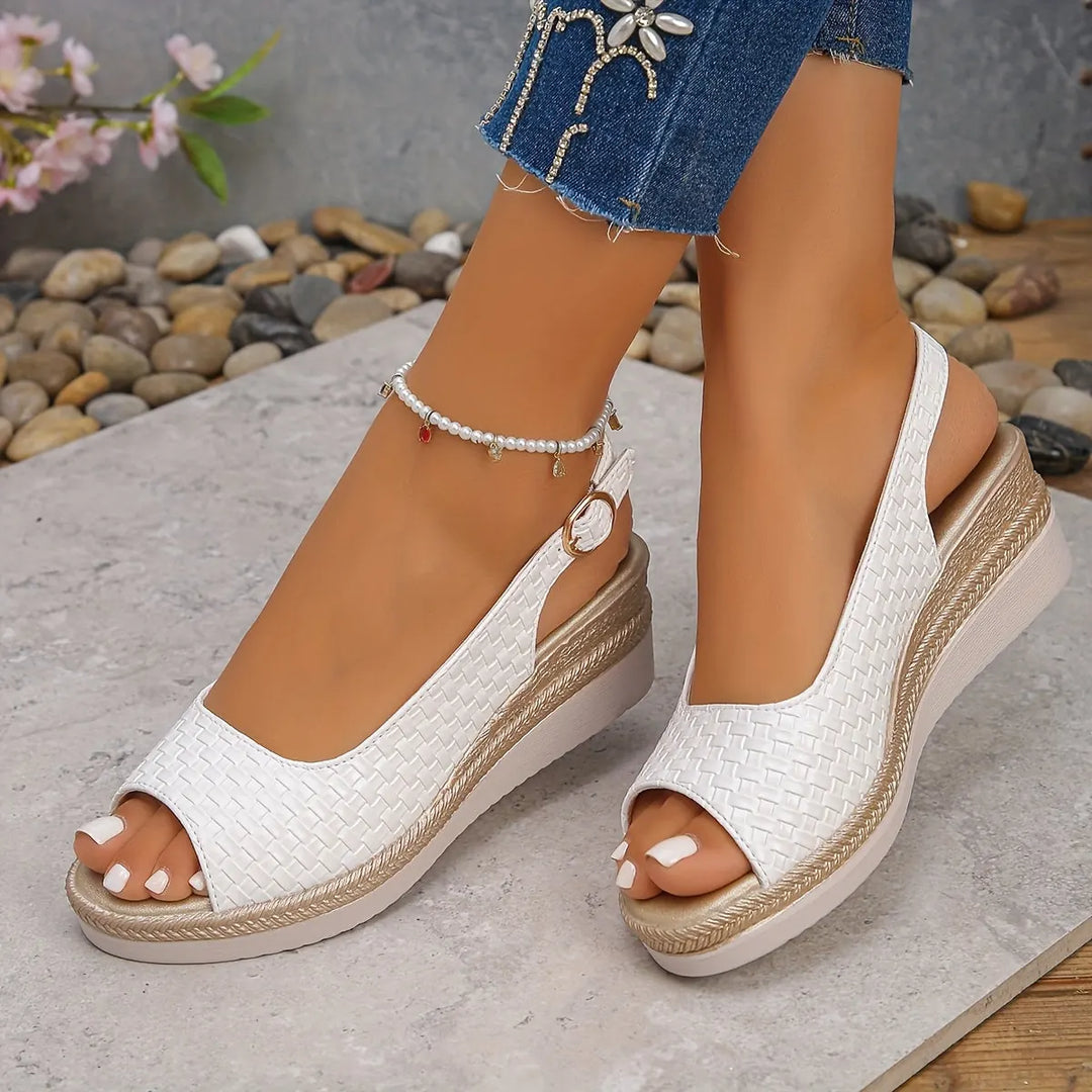 White Women's Woven Slingback Wedge Sandals — Cherie Platform Espadrille - Model Pose