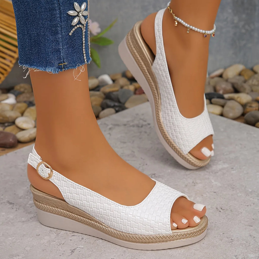 White Women's Woven Slingback Wedge Sandals — Cherie Platform Espadrille - Walking Angle