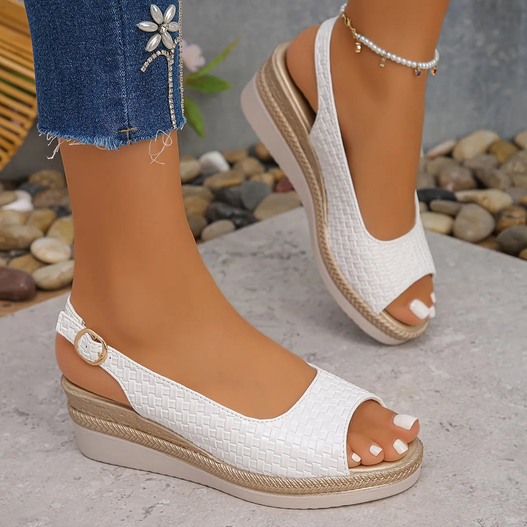 White Women's Woven Slingback Wedge Sandals — Cherie Platform Espadrille - Walking Angle