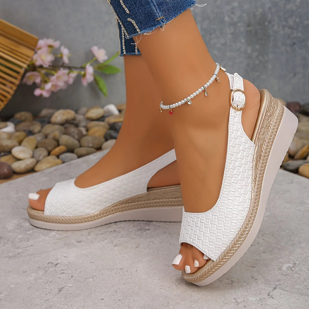White Women's Woven Slingback Wedge Sandals — Cherie Platform Espadrille - Worn Lifestyle