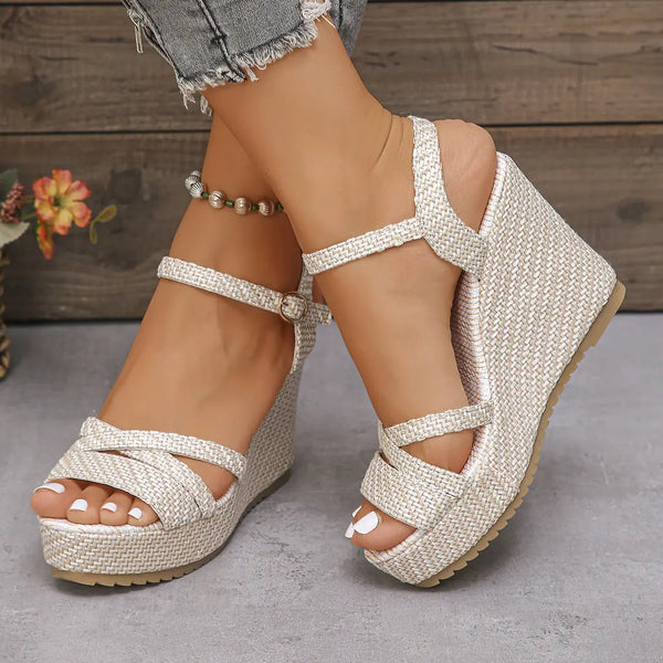 White Women's Chic Woven Strap White Platform Sandals — Natalia Wedge Ankle Buckle - Front Full