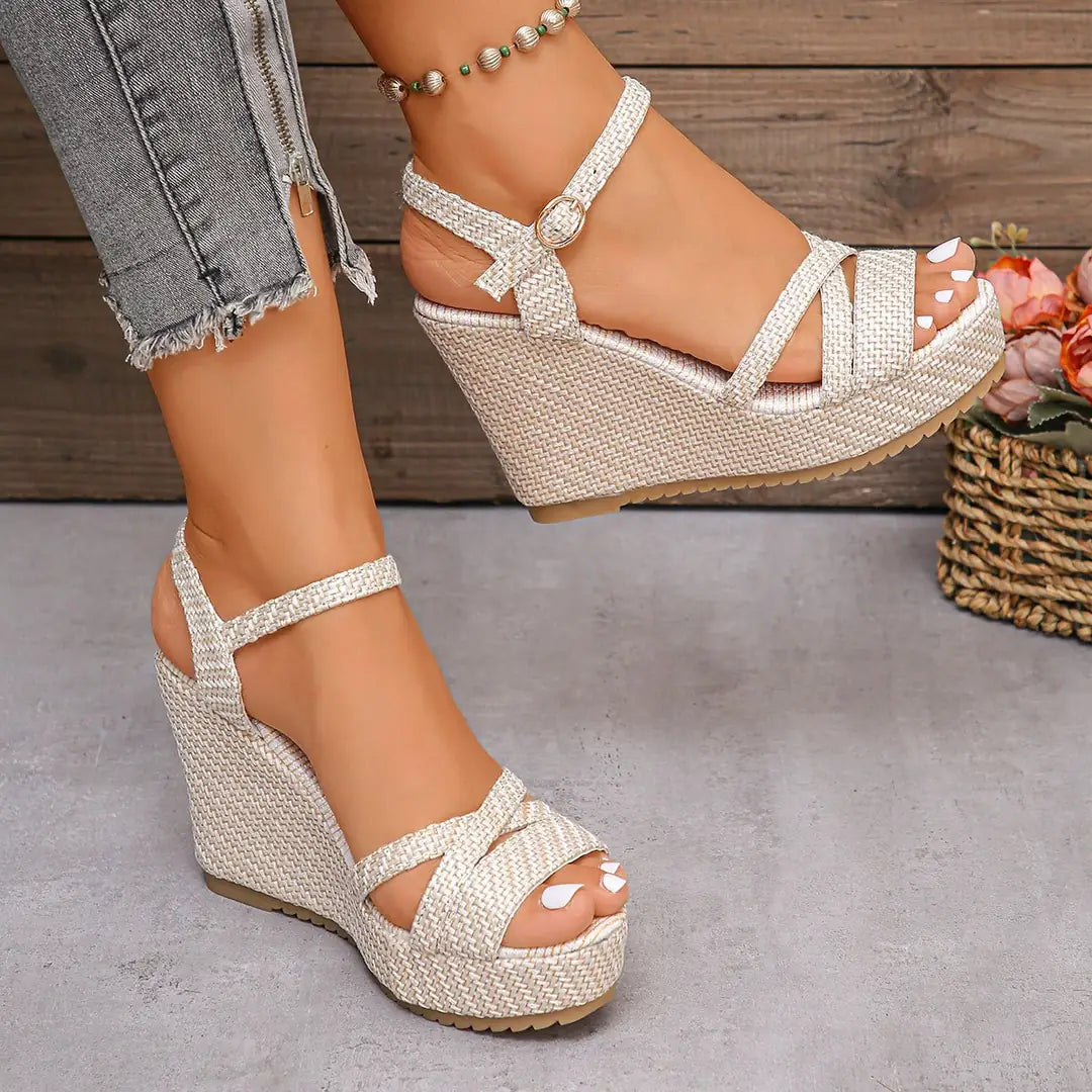 White Women's Chic Woven Strap White Platform Sandals — Natalia Wedge Ankle Buckle - Side Pose