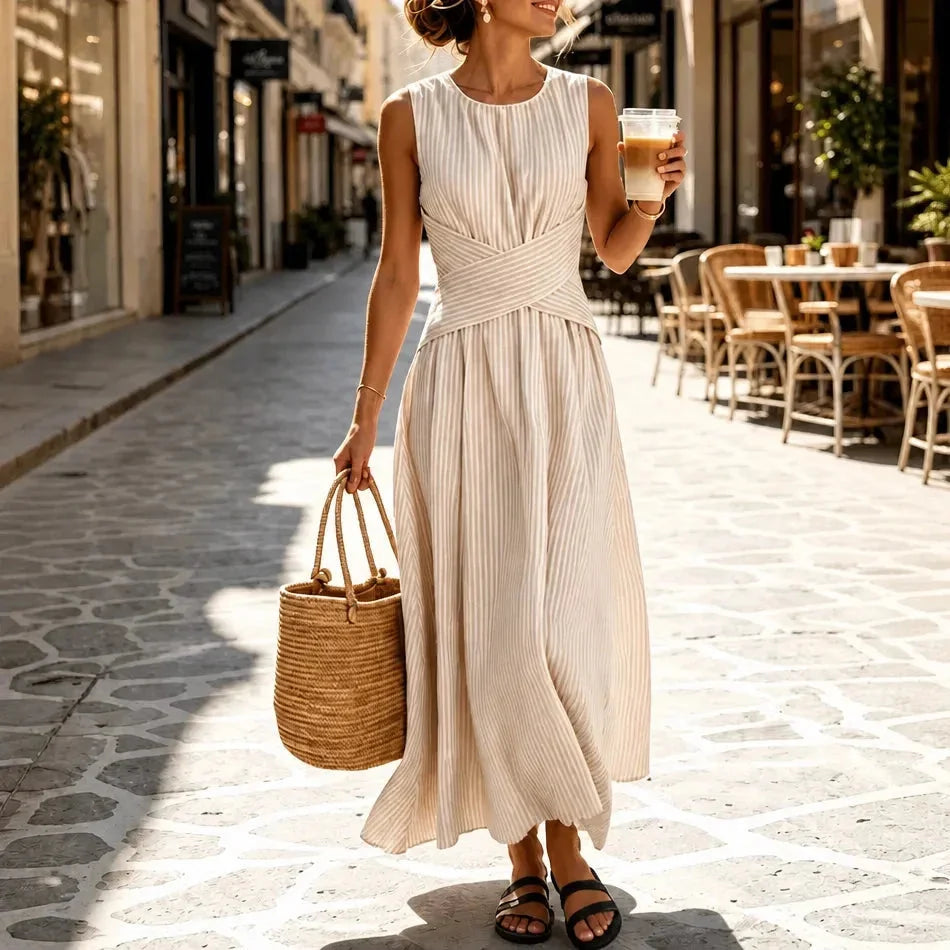 Beige Women's Striped Wrap Maxi Dress — Audrey Breathable Crossover Waist - Front Full