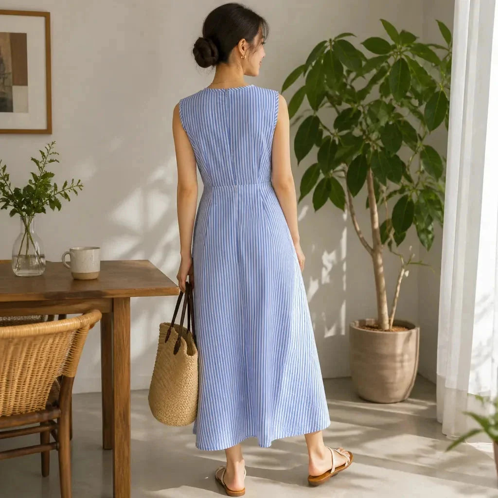 Blue Women's Striped Wrap Maxi Dress — Audrey Breathable Crossover Waist - Back Full