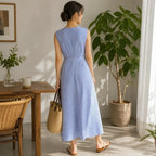 Blue Women's Striped Wrap Maxi Dress — Audrey Breathable Crossover Waist - Back Full