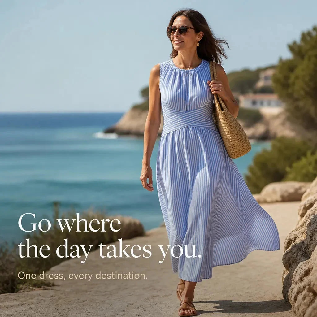 Blue Women's Striped Wrap Maxi Dress — Audrey Breathable Crossover Waist - Coastal Walking