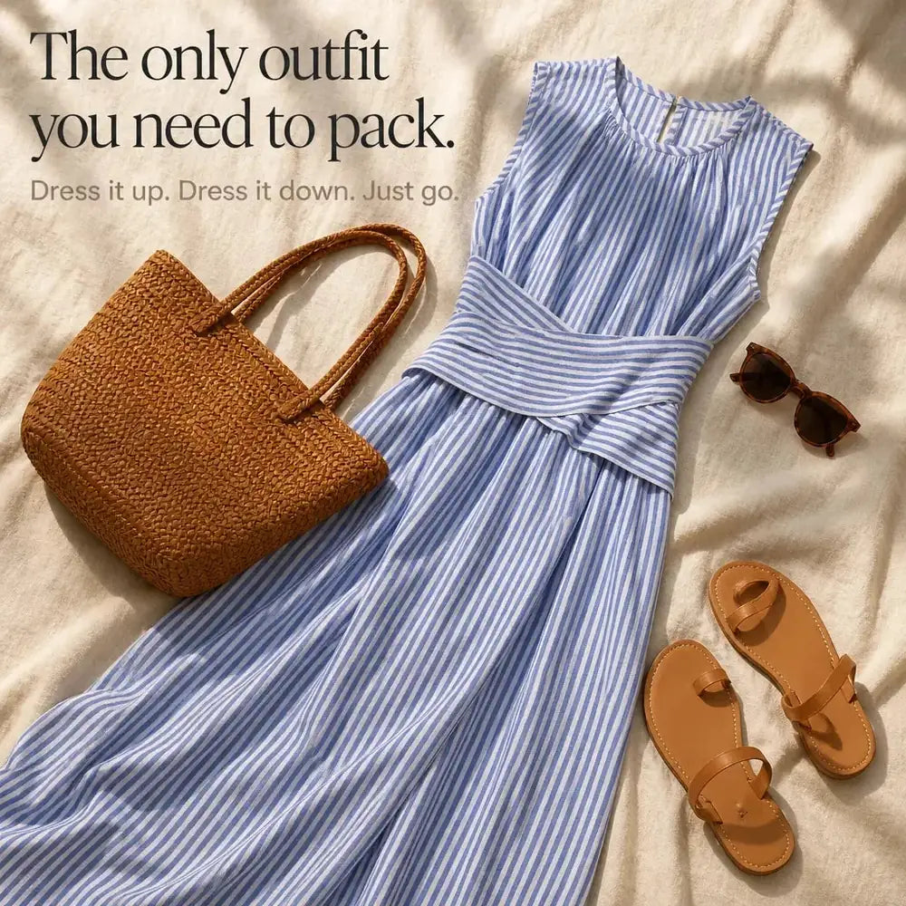 Blue Women's Striped Wrap Maxi Dress — Audrey Breathable Crossover Waist - Flat Lay