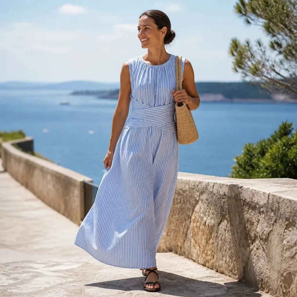 Blue Women's Striped Wrap Maxi Dress — Audrey Breathable Crossover Waist - Front Full Seaside