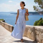 Blue Women's Striped Wrap Maxi Dress — Audrey Breathable Crossover Waist - Front Full Seaside