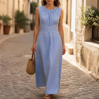 Blue Women's Striped Wrap Maxi Dress — Audrey Breathable Crossover Waist - Front Full Walking