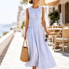 Blue Women's Striped Wrap Maxi Dress — Audrey Breathable Crossover Waist - Patio Walking