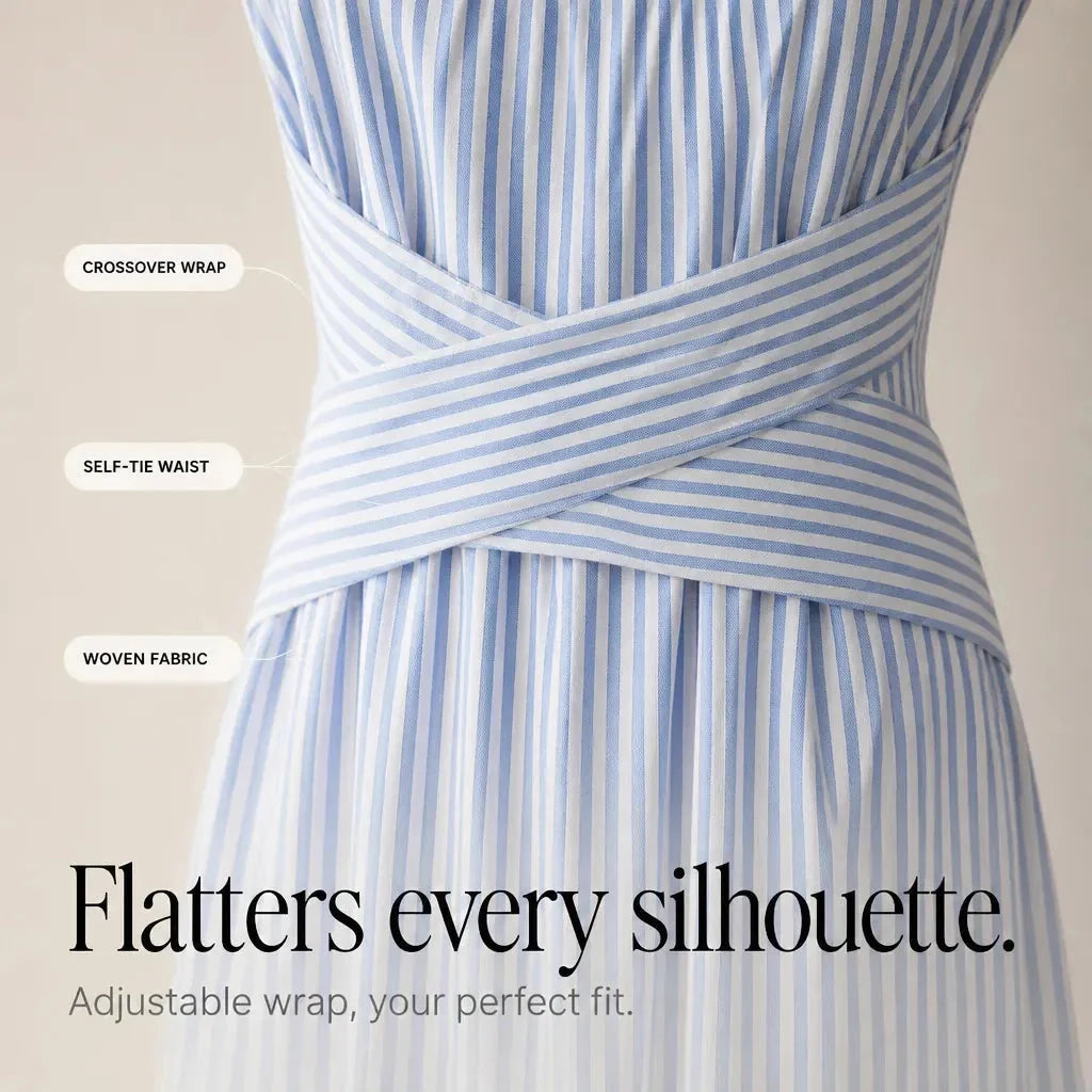 Blue Women's Striped Wrap Maxi Dress — Audrey Breathable Crossover Waist - Waist Detail